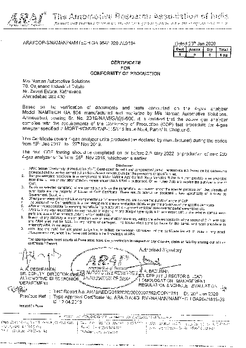 Certificate for Conformity of Production